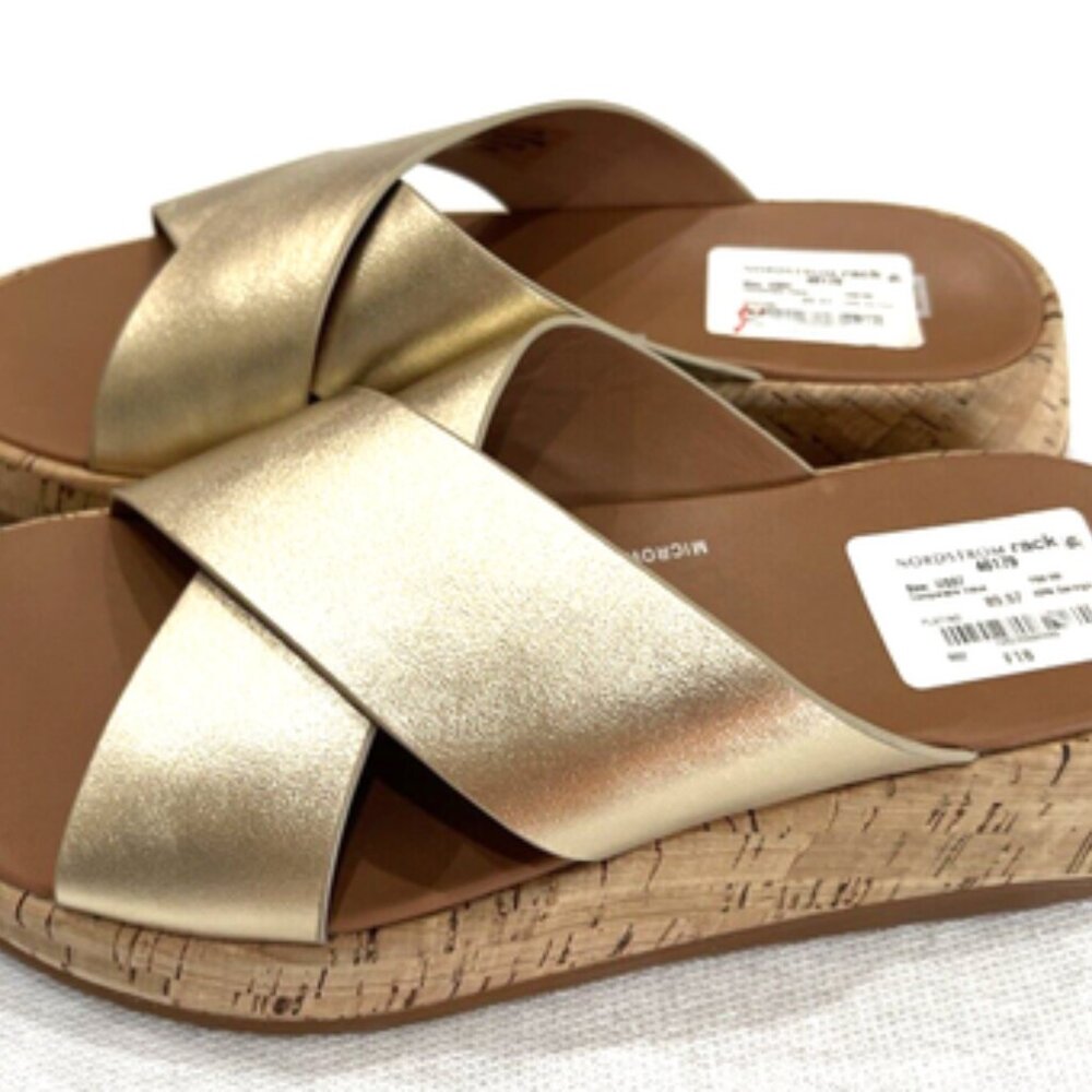 FITFLOPS F MODE PLATFORM PLATINO CROSSOVER GOLD CORK SOLE SIZE 7 SLIDE
